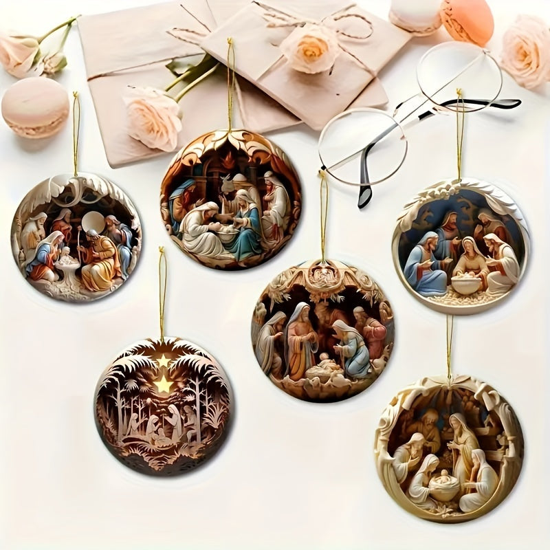 6 Pack Nativity Scene Wooden Ornaments Religious Holiday Decor