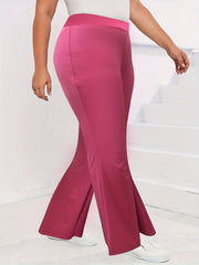  Solid Elastic High Rise Flared Leg Trousers