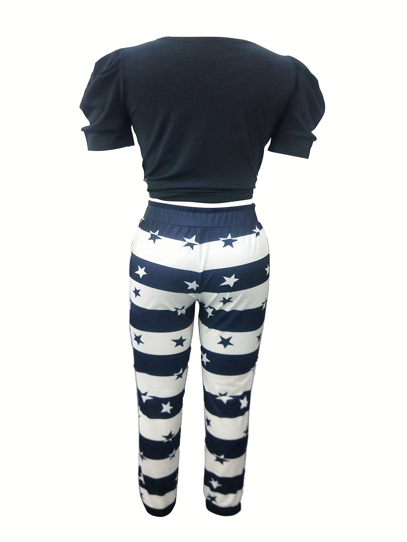  Solid Top & Print Drawstring Pants Outfits Two Piece Set
