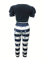  Solid Top & Print Drawstring Pants Outfits Two Piece Set