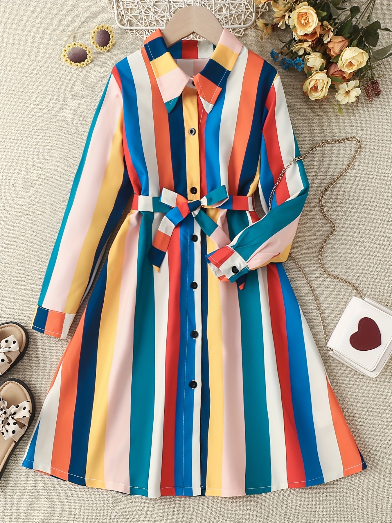 Girls' Stripe Long Sleeve Collared Shirt Dress With Belt