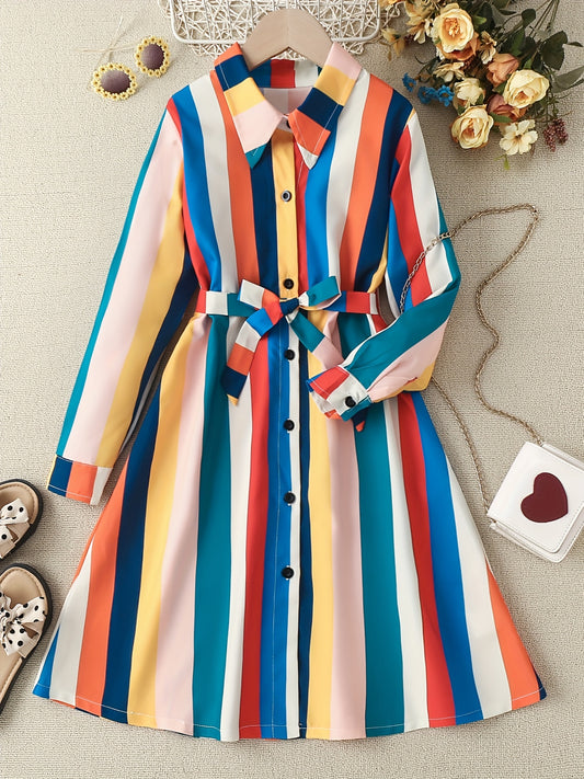 Girls' Stripe Long Sleeve Collared Shirt Dress With Belt