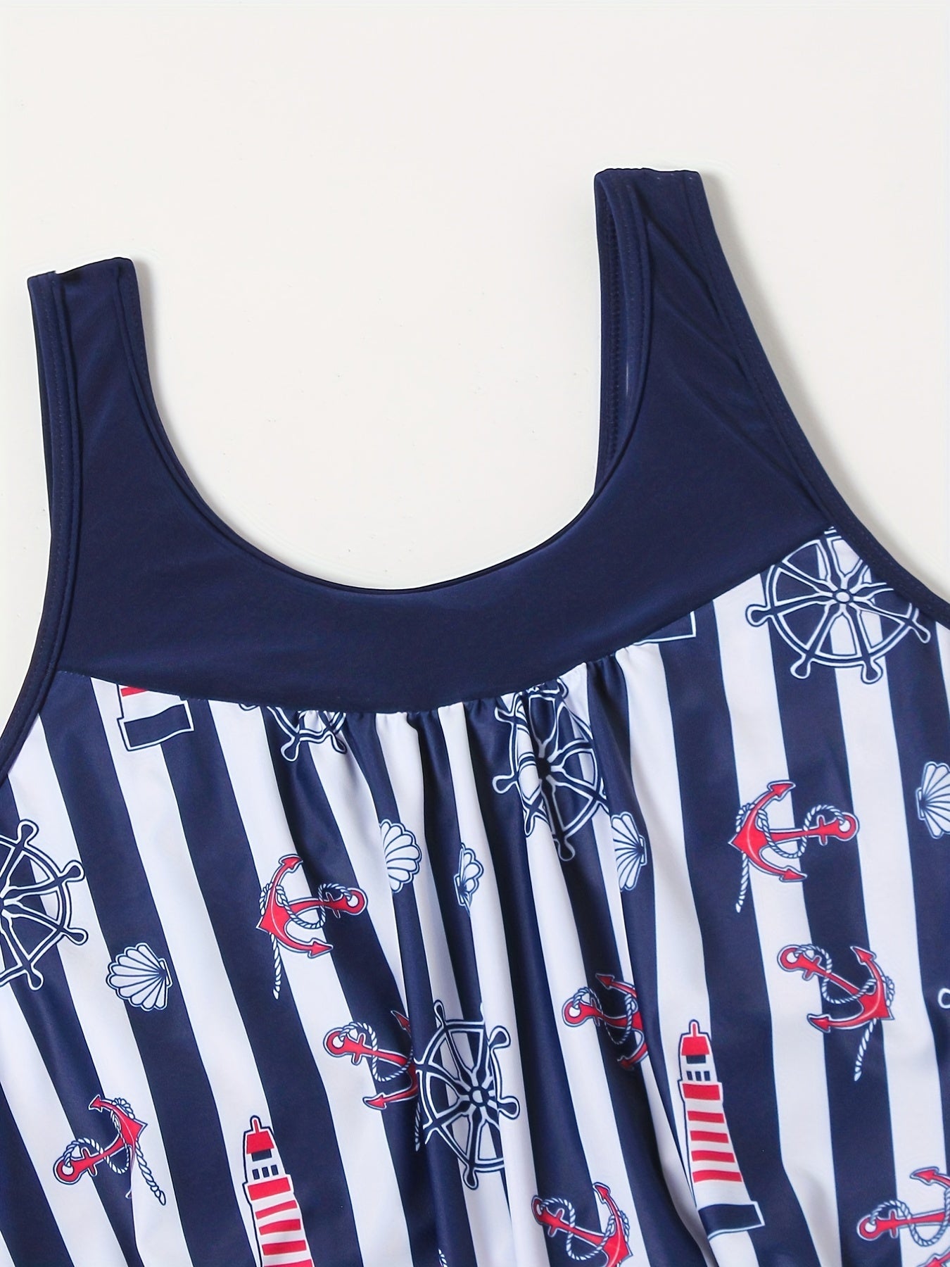  Colorblock Stripe Anchor Print Tank Top & Shorts Swimsuit Set