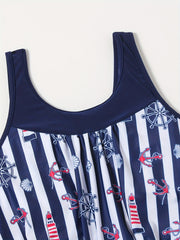  Colorblock Stripe Anchor Print Tank Top & Shorts Swimsuit Set