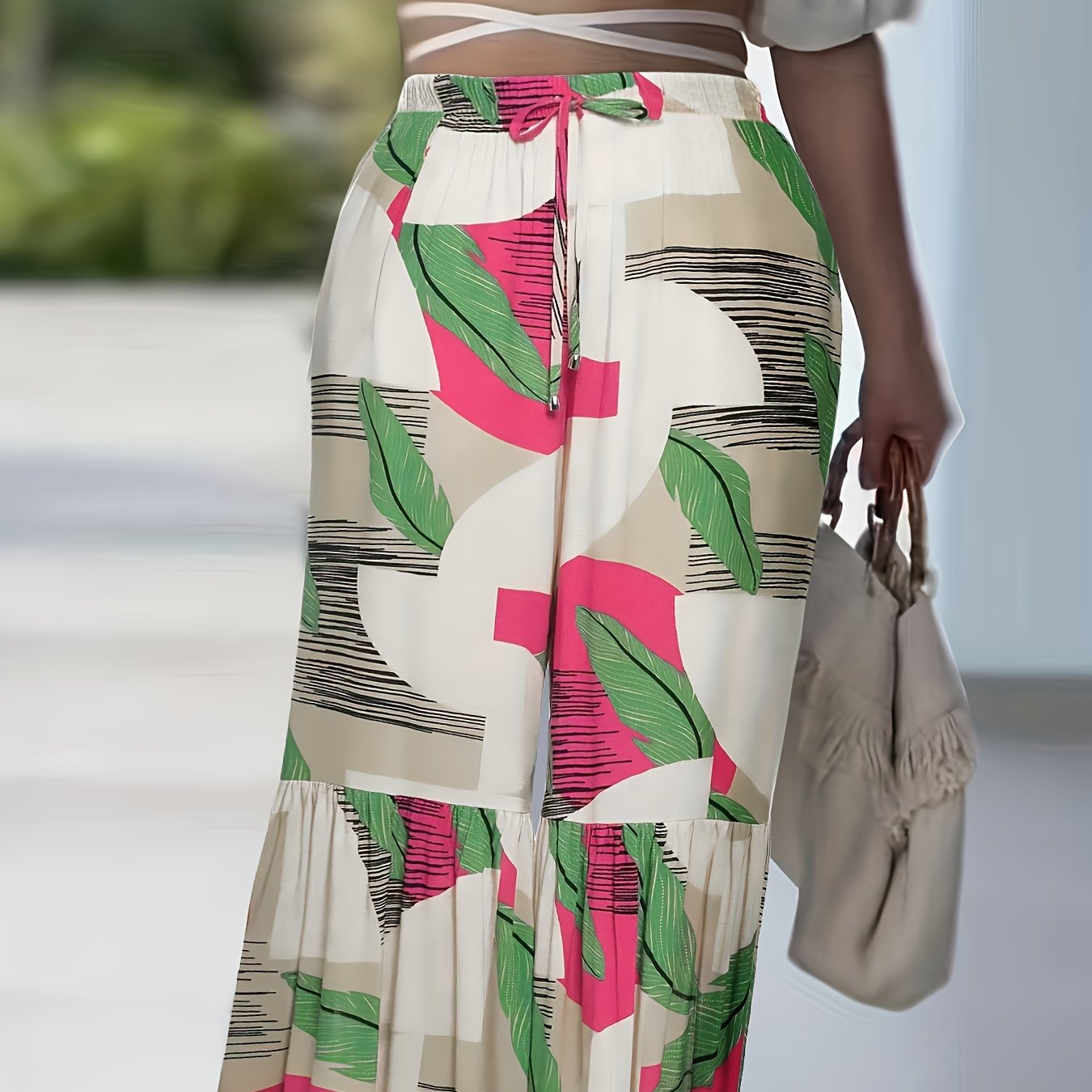  Boho Pants Women's Plus Colorblock Striped & Leaf Print Ruffle Trim