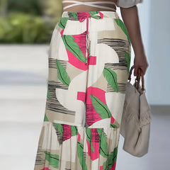  Boho Pants Women's Plus Colorblock Striped & Leaf Print Ruffle Trim