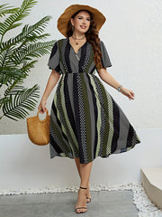  Colorblock & Geometric Print Butterfly Sleeve Maxi Dress