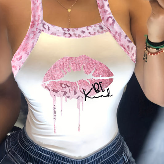 Leopard Lips Print Cami Top Sexy Tie Back Sleeveless Summer Top