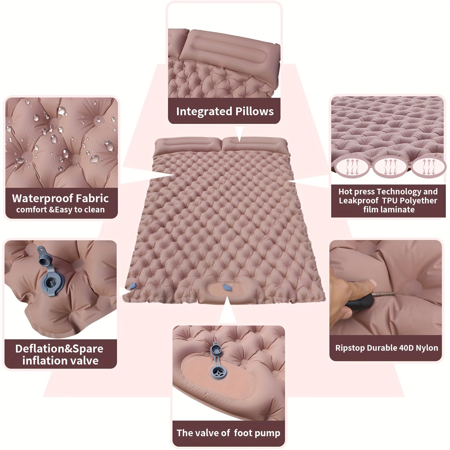 2-Person Sleeping Pad w/ Built-in Pump - Portable Inflatable Mat