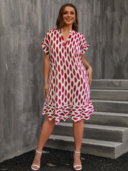  Causal Dress Women's Plus Allover Print Roll Up Batwing Sleeve Dress