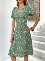 Floral Print Button V Neck Dress