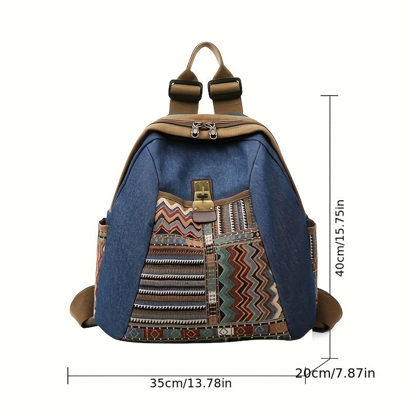 Embroidered Denim Backpack Purse with Ethnic Style Travel Daypack