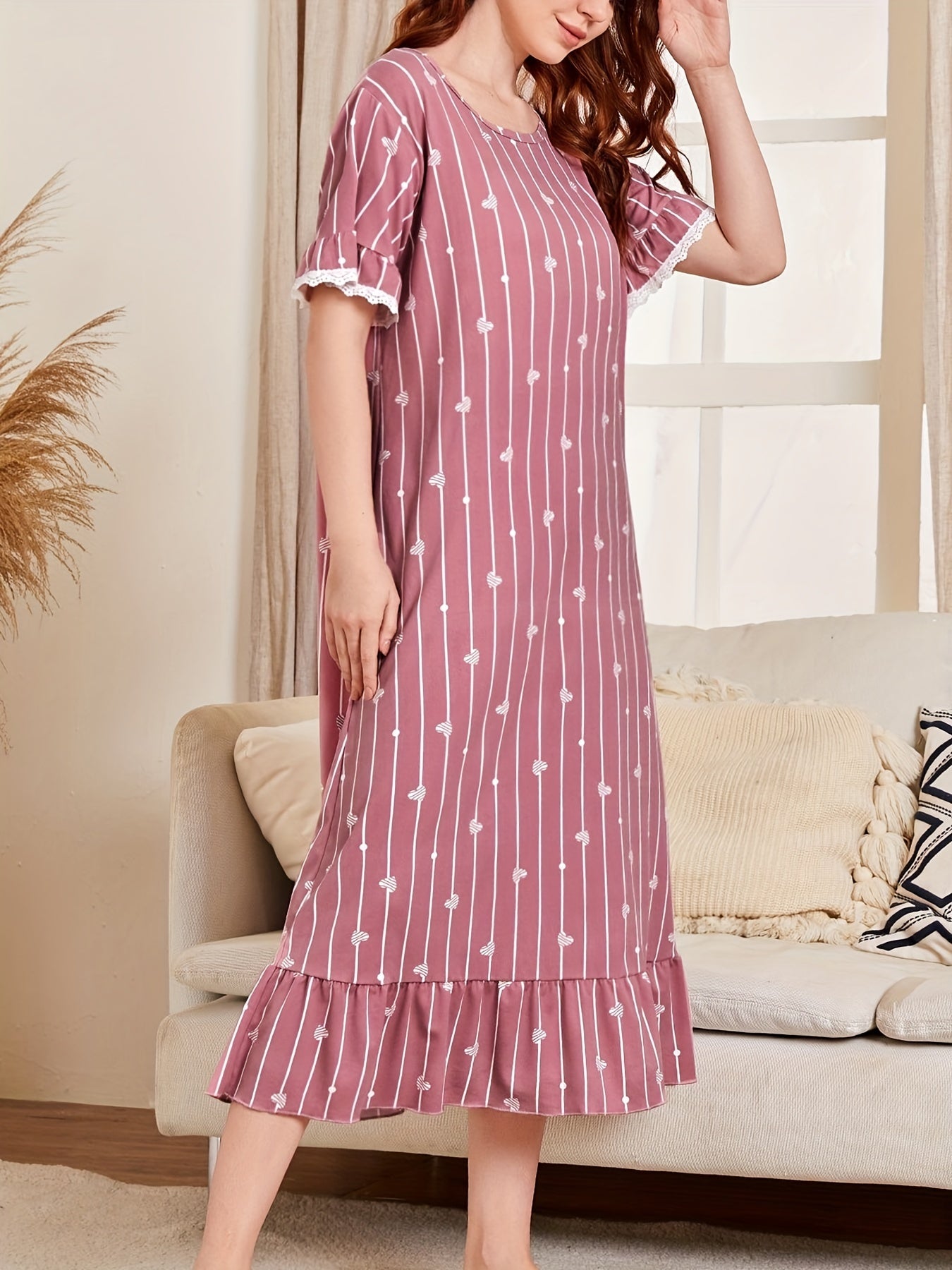 Heart Print Ruffle NightDress Striped Pajama Dress