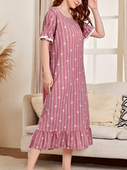 Heart Print Ruffle NightDress Striped Pajama Dress
