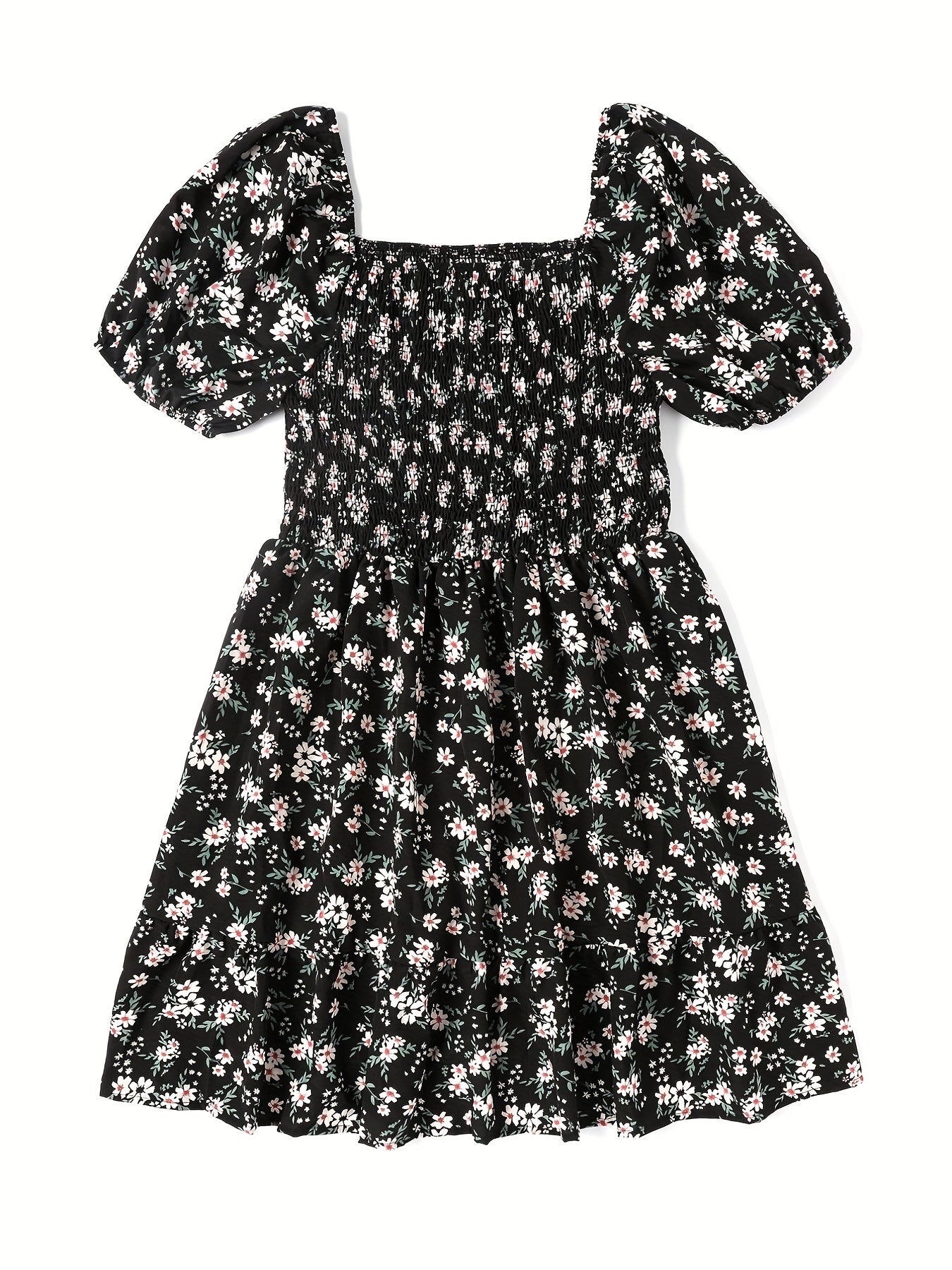  Ditsy Print Puff Sleeve Square Neck Stretch Dress