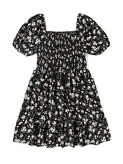  Ditsy Print Puff Sleeve Square Neck Stretch Dress