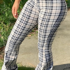  Plaid Print High Rise Flare Leg Trousers
