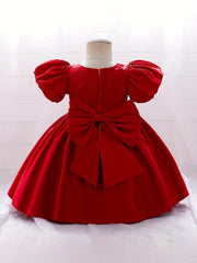 Girls Puff Sleeve Princess Dress with Flower Decor
