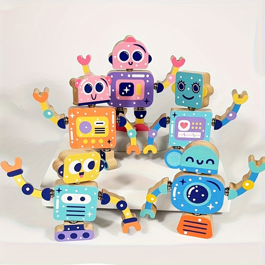 Wooden Robot Building Blocks Puzzle Toy Set 5pcs Interactive Robot Toys