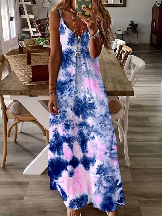 Tie Dye V Neck Cami Dress Sexy Sleeveless Spaghetti Dress