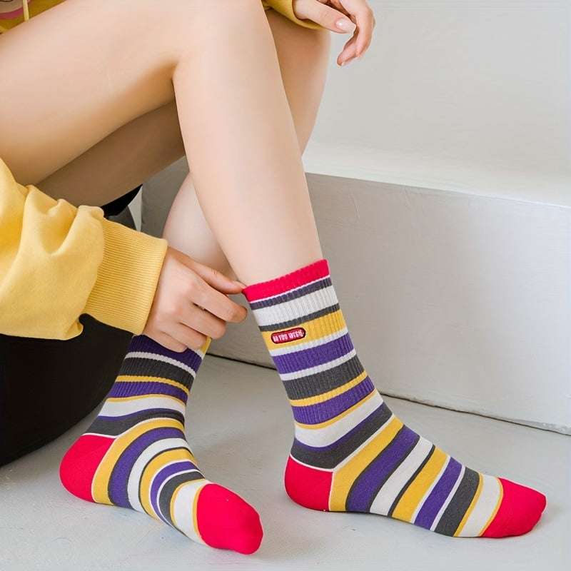3 Pairs Colorblock Striped Socks Comfy & Funny Mid Tube Socks