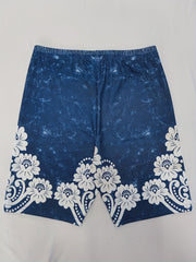 Floral & Denim Print Leggings Casual Leggings For Spring & Summer