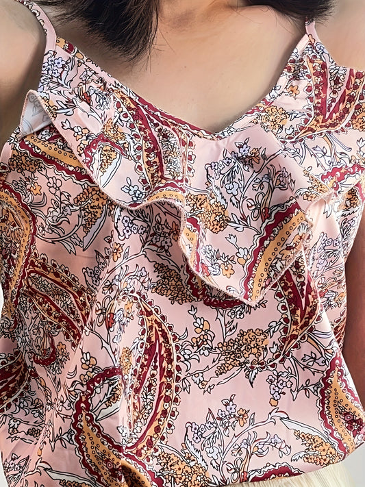 Boho Paisley Print Ruffle Trim Cami Top Summer Sleeveless Top