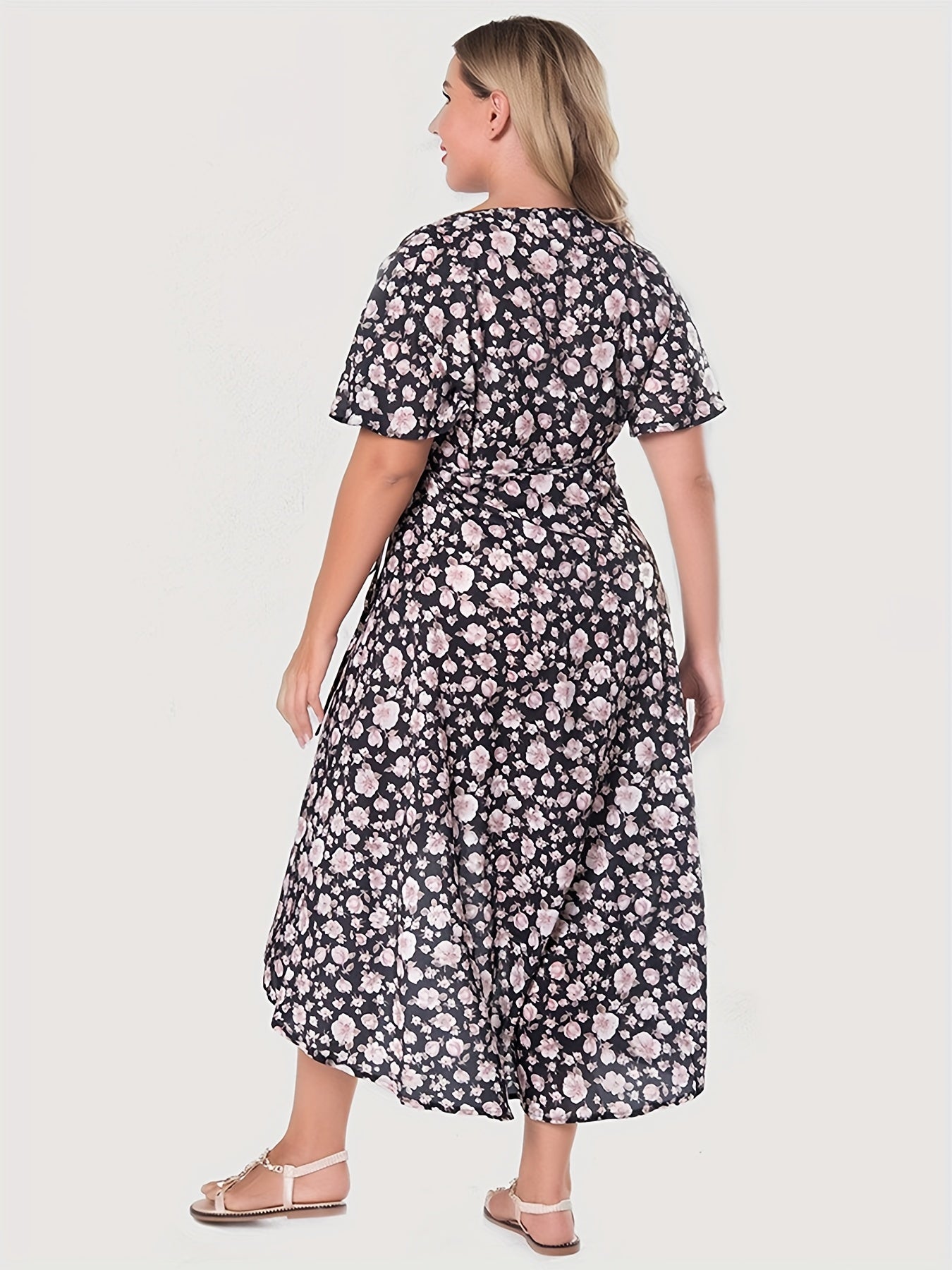 Floral Print Short Sleeve V Neck Layered Maxi Dress