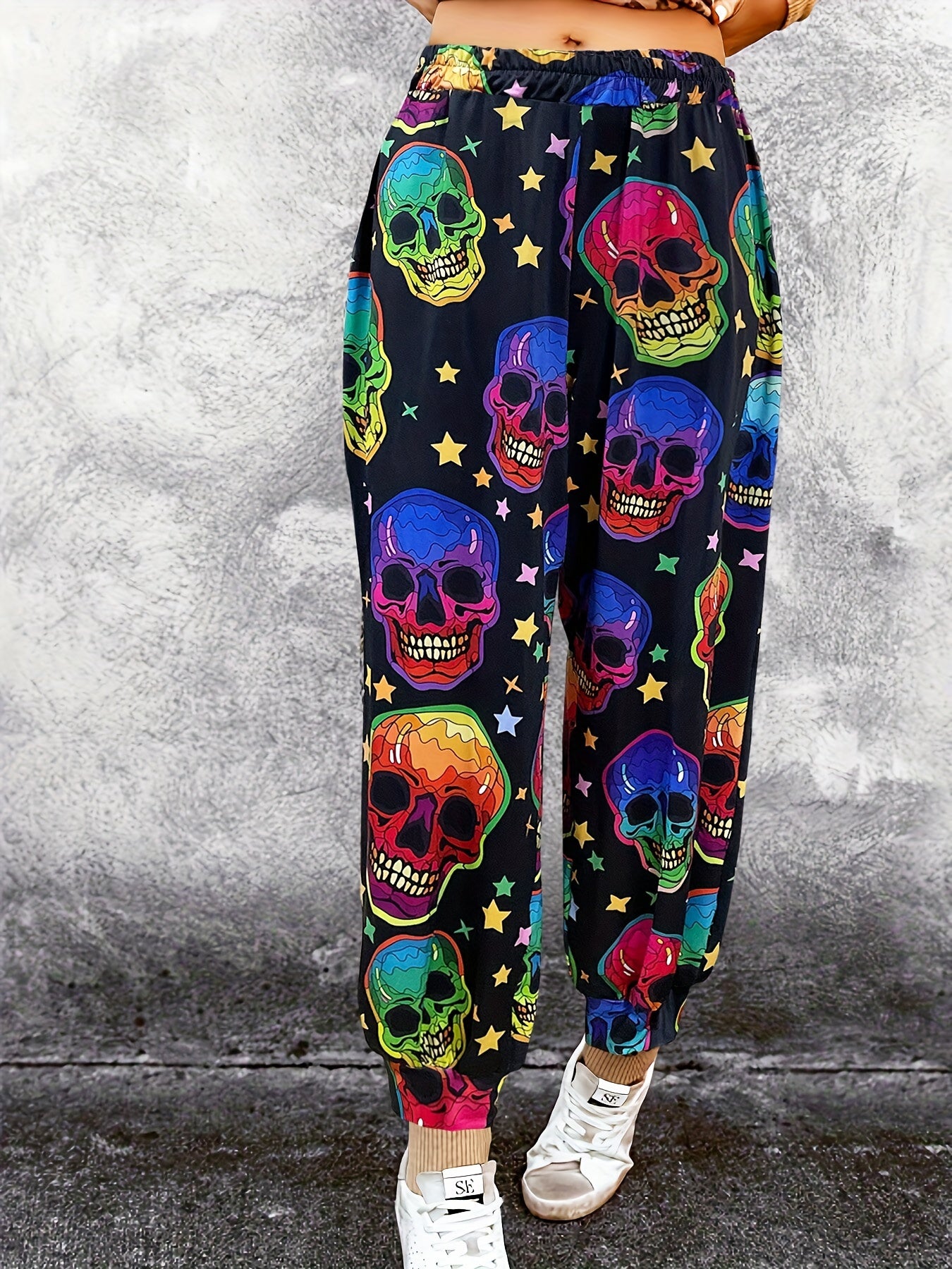 Skull Print Elastic Tapered Goth Pants Plus Size