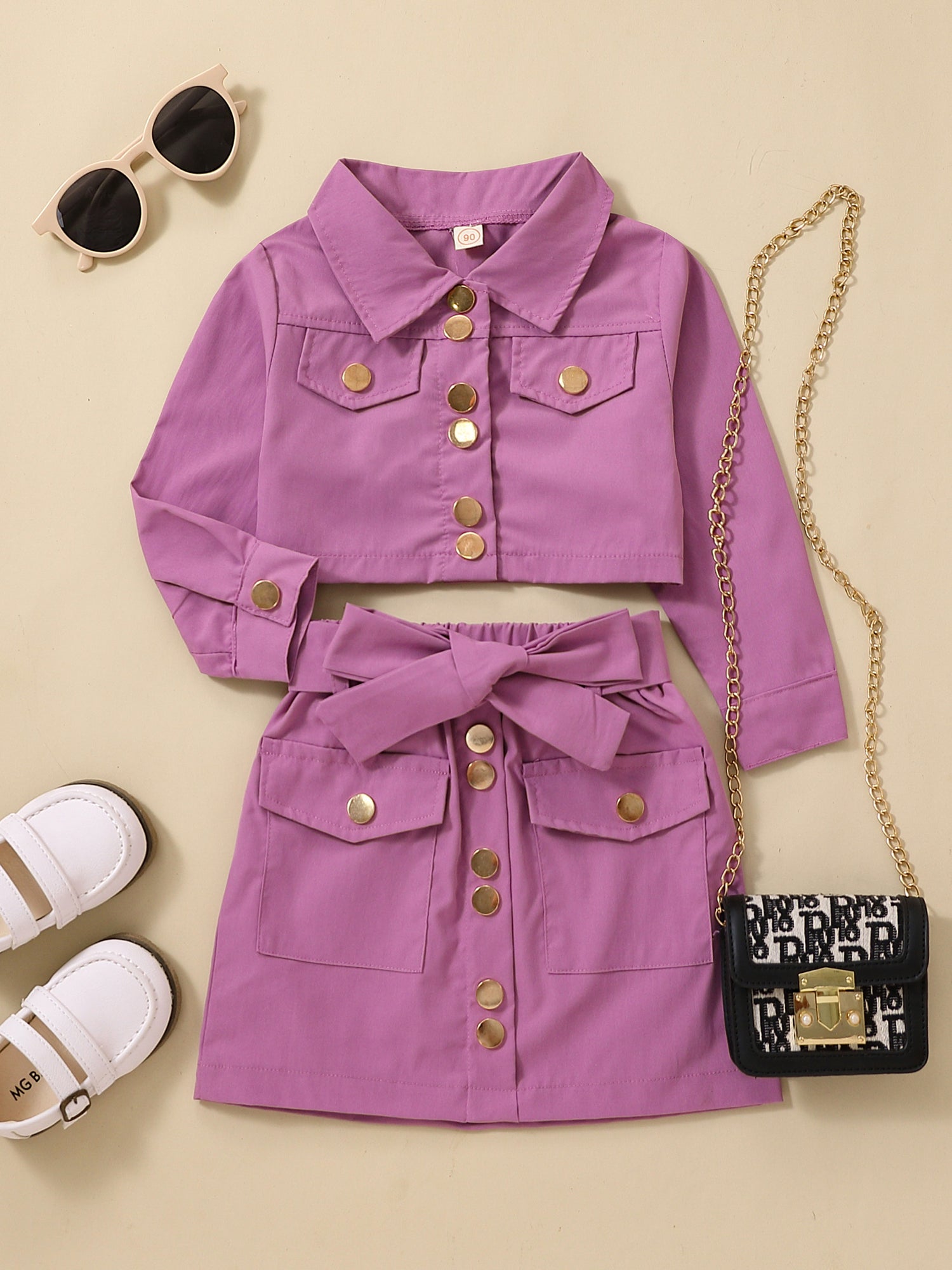 Girls Long Sleeve Top & Skirt Set with Belt