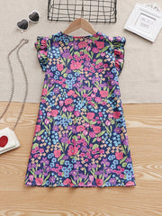 Girls Casual Flower Graphic Ruffle Trim Dress Summer Party Gift