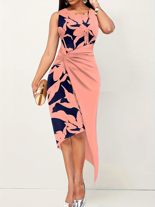 Floral Print Twist Dress Sleeveless Asymmetrical