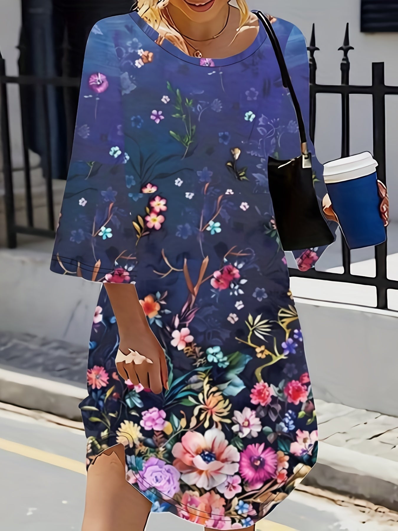  Casual Dress Women's Plus Floral Print Long Sleeve Smock Dress
