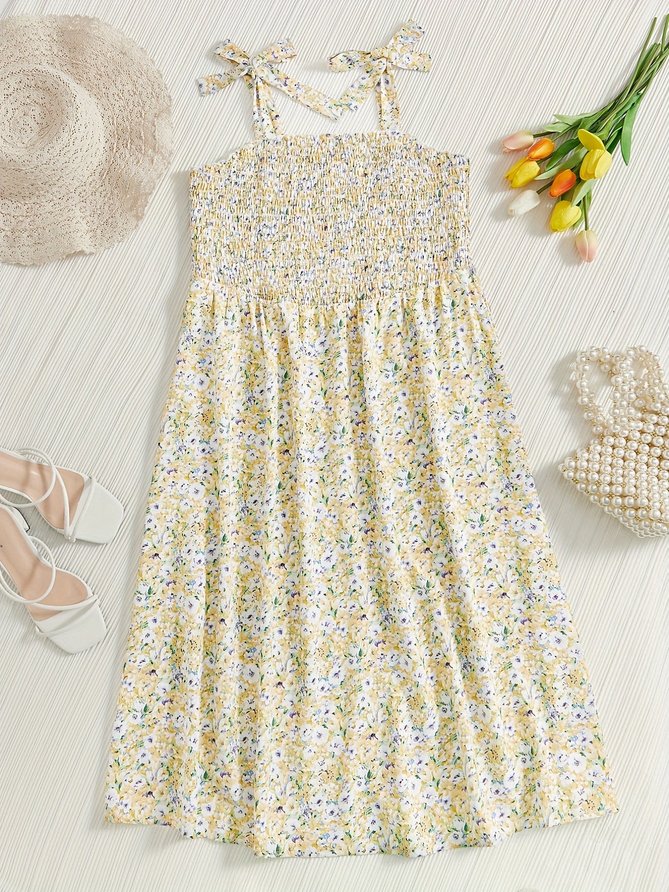  Ditsy Floral Print Shirred Tie Shoulder Cami Dress