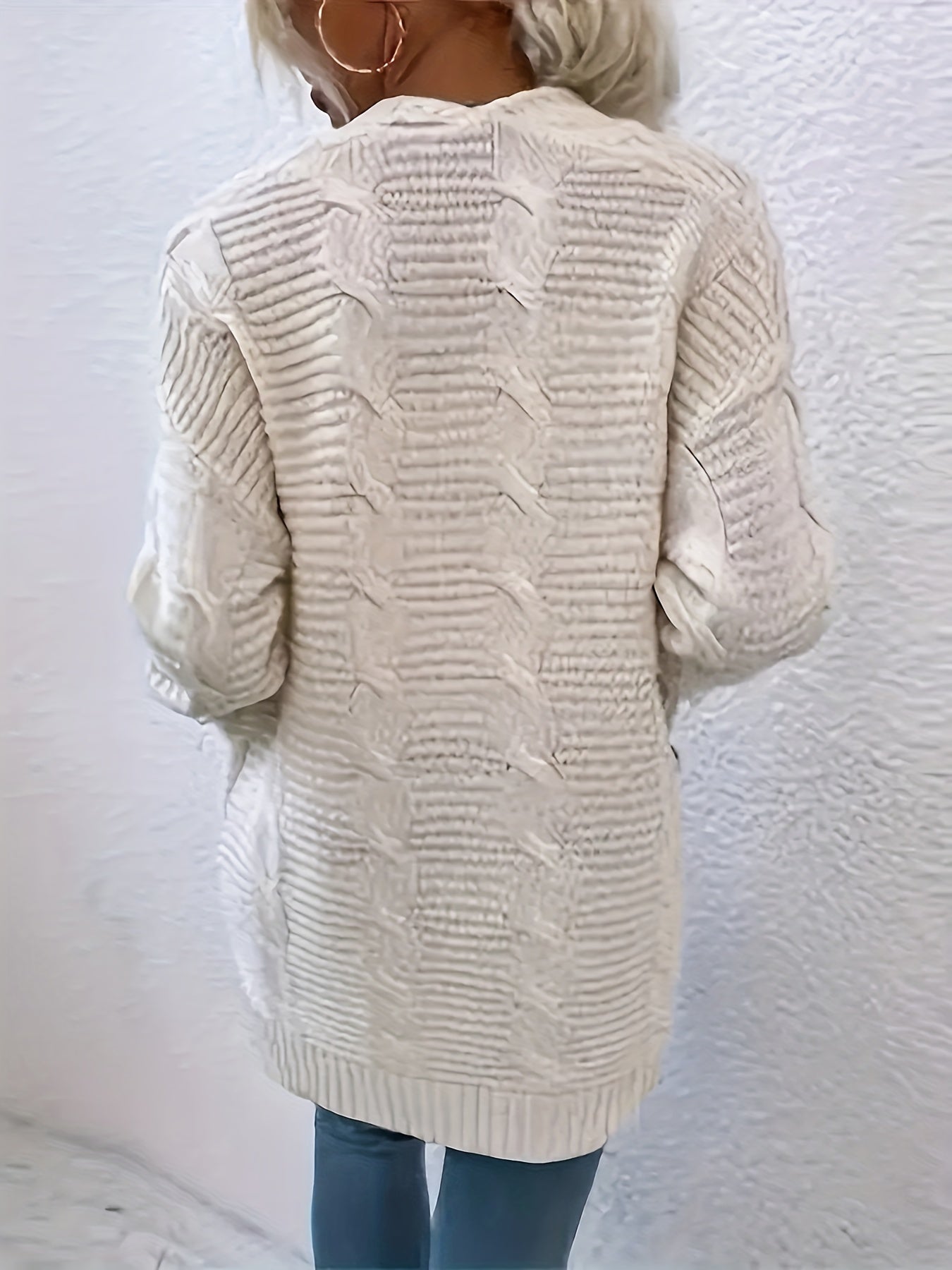  Cable Knit Open Front Cardigan with Pockets