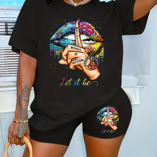 Two Piece Tee & Shorts Outfit Crew Neck T Shirt & Biker Shorts Set
