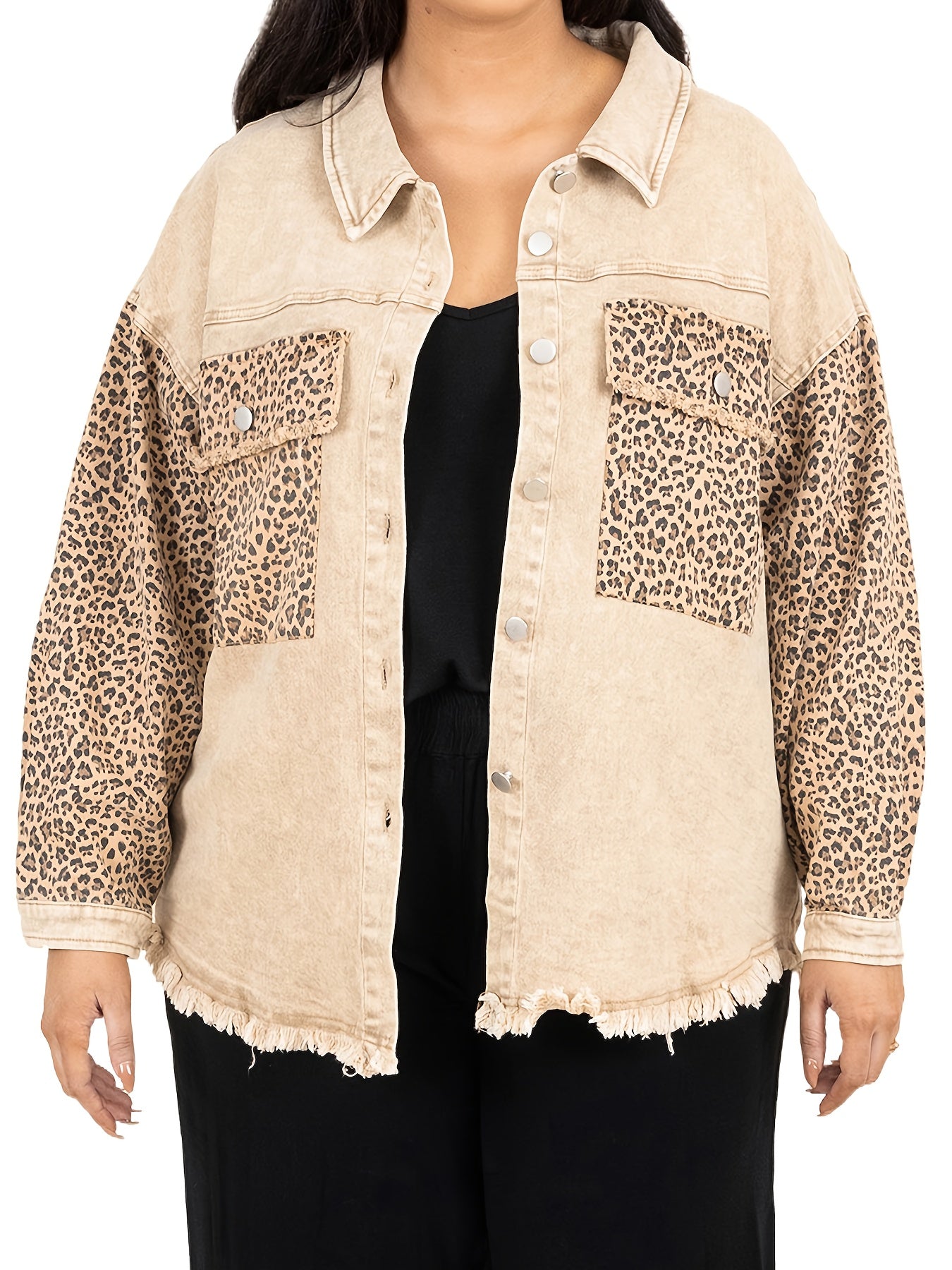  Colorblock Leopard Print Denim Jacket