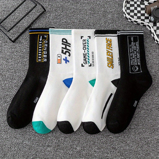 5 Pairs Letter Pattern Print Socks Men's Outdoor Street Stockings