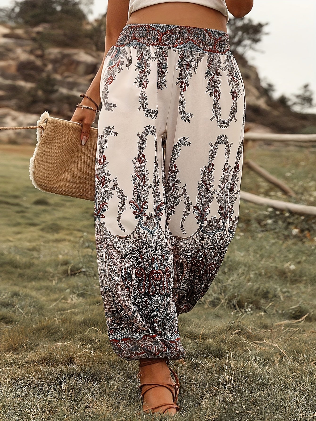  Boho Pants Women's Joggers Elastic Waist Paisley Print