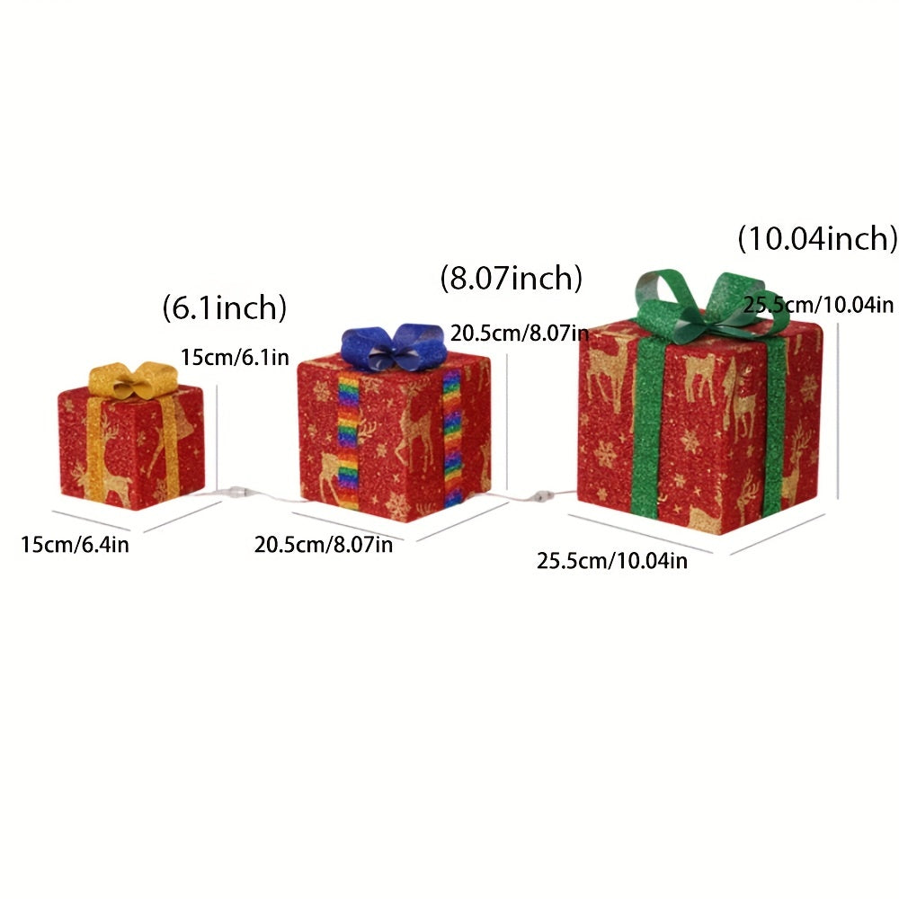 3pcs Christmas Luminous Gift Boxes LED Lights Red Bows Decoration Ornaments