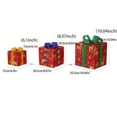 3pcs Christmas Luminous Gift Boxes LED Lights Red Bows Decoration Ornaments