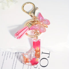 Resin Floral Letter Keychain with Tassel & Butterfly Pendant