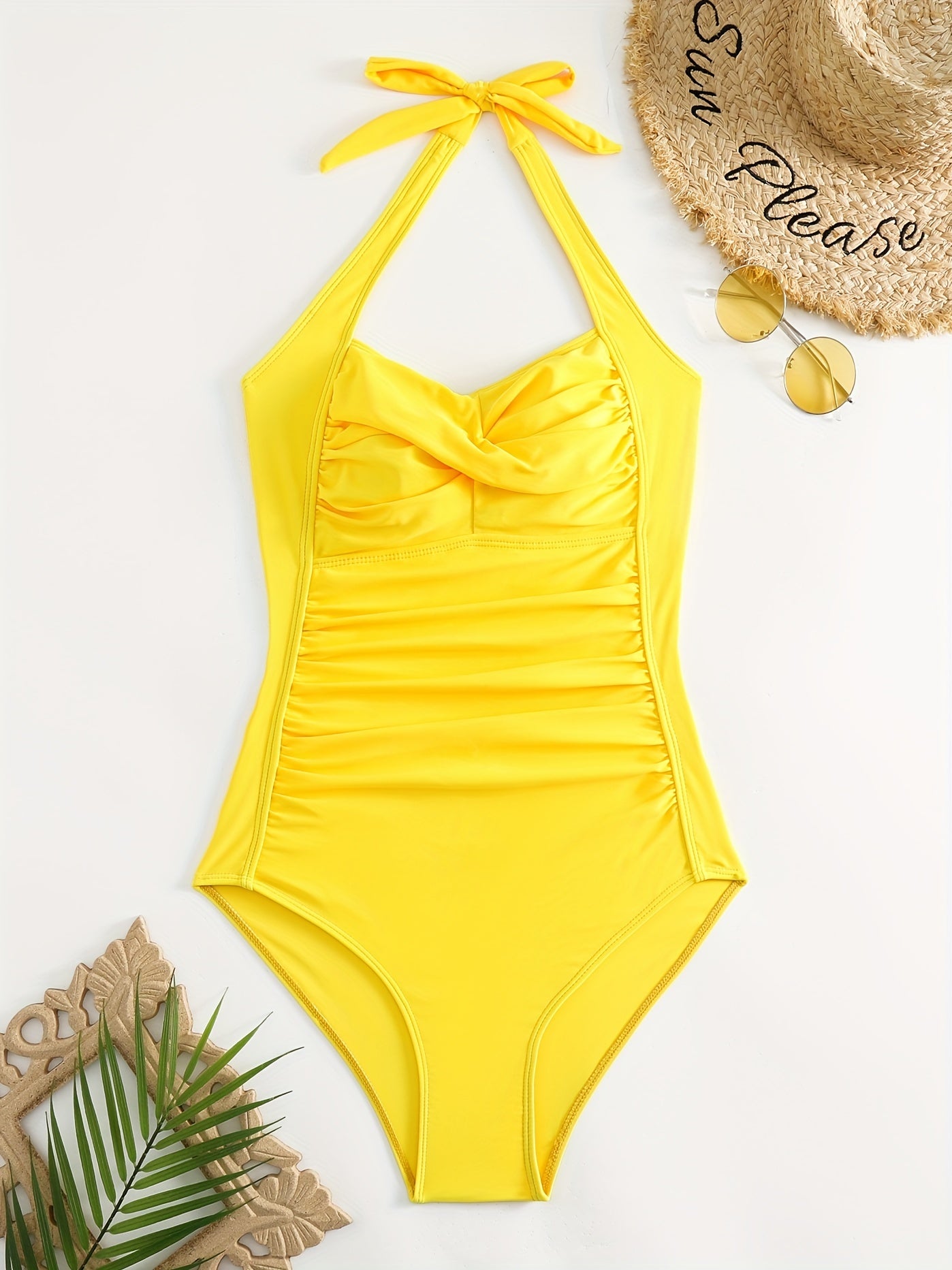 Ruched Halter Backless One Piece Swimsuit Solid Bathing Suit Women's Swimwear