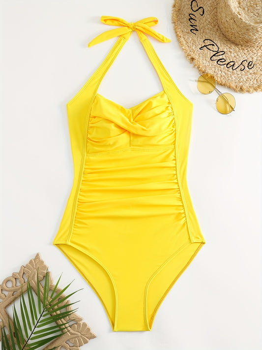 Ruched Halter Backless One Piece Swimsuit Solid Bathing Suit Women's Swimwear