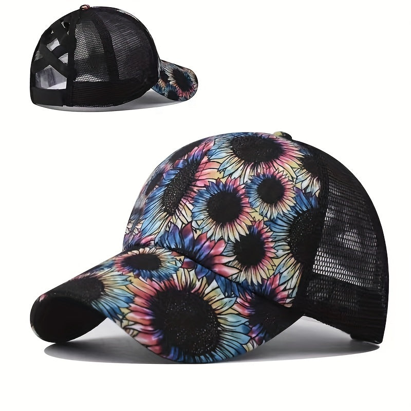 Daisy Print Baseball Cap Ponytail Hip Hop Sports Trucker Hats Mesh Adjustable