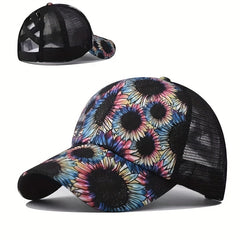 Daisy Print Baseball Cap Ponytail Hip Hop Sports Trucker Hats Mesh Adjustable