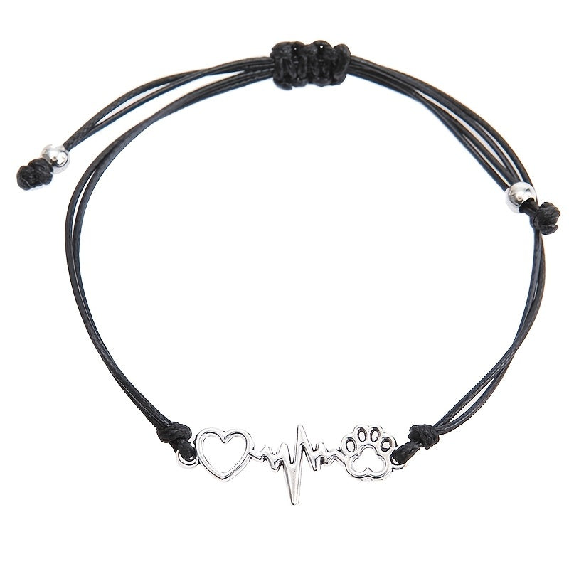 Dog Paw & Love Heart Bracelet Adjustable Rope Hand Jewelry
