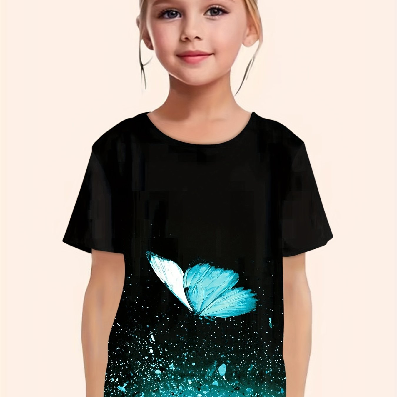 Girls Butterfly Print Short Sleeve T shirt Summer Tee Party Gift