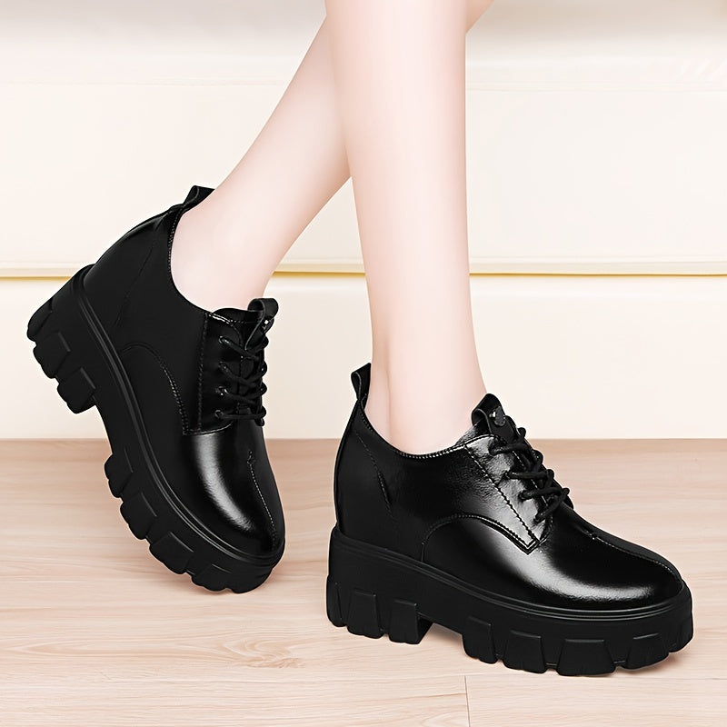 Women's Chunky Heel Lace Up Oxfords Solid Comfortable Round Toe Shoes