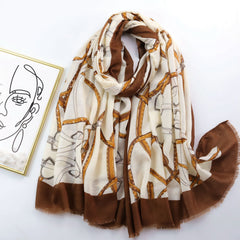 Vintage Chain Print Scarf Floral Pattern Frayed Summer Shawl